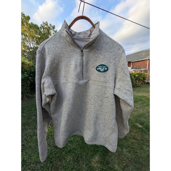 New York Jets Antigua Pullover Beige Quarter Zip NFL Football Sweater Large - Picture 1 of 7